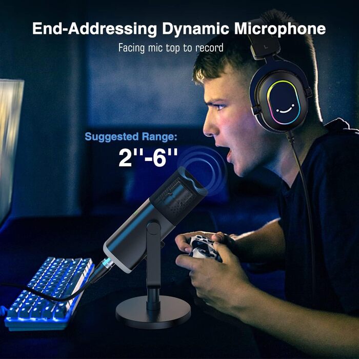 Ігровий мікрофон FIFINE XLR/USB для стрімінгу та подкастів, динамічний студійний мікрофон з RGB-підсвіткою, регулятором підсилення, функцією Mute та роз'ємом для навушників