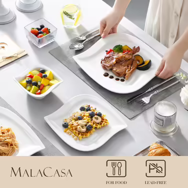 MALACASA, Elvira Series, 18-Piece Cream White Porcelain Dinnerware Set Table Service Combination Service with 6 Dinner Plates, 6 Dessert Plates, 6 Cereal Bowls each, Dinnerware Set for 6 People Elvira - Cream White 18 Pieces
