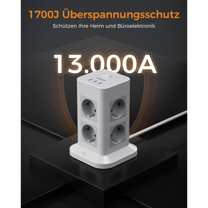 Блок розеток TESSAN з захистом від перенапруги, 3600W, 16A, 8 розеток, 3 USB-C, 2M, сірий