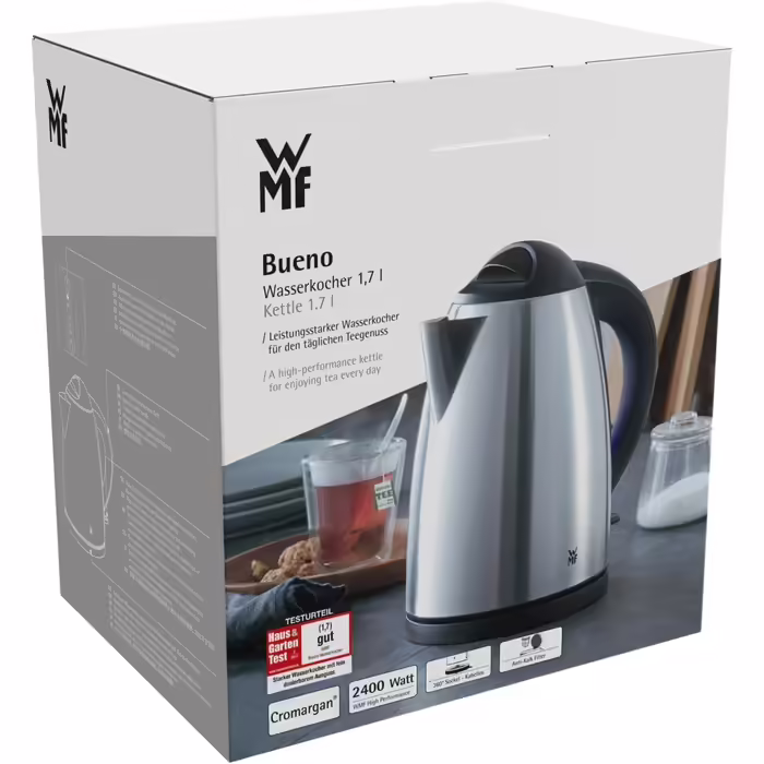 WMF Good Water Kettle Stainless Steel 1.7L, Electric Kettle with Scale Filter, 2400 W, Illuminated Water Level Indicator, Brushed Stainless Steel