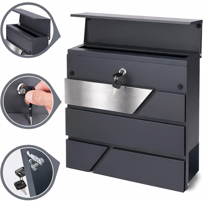 Поштова скринька Verda Anthrazit з газетницею, порошкове покриття AkzoNobel, 2 ключі, табличка з іменем, дизайнерська настінна поштова скринька з нержавіючої сталі