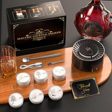 iDiskk Набір для копчення коктейлів: електричний димогенератор для віскі, вбудований запальник, 6 дерев'яних стружок для Old Fashioned, бурбон, міксологія