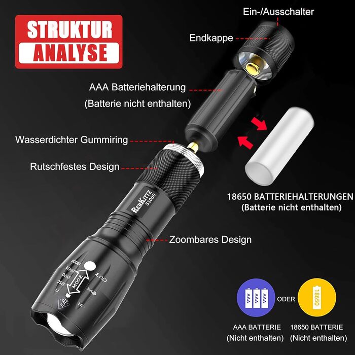 Тактичний ліхтарик 2 шт. 2000 люмен, LED, для кемпінгу та туризму, тактичний, водонепроникний, з зумом, з 5 режимами, корпус з алюмінію