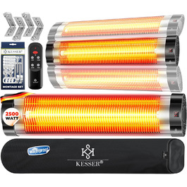 Інфрачервовий обігрівач KESSER® 2500W з пульт дистанційного керування, 3 режими, миттєвий нагрів, кріплення на стіну, для тераси, кварцовий, з захисним чохлом, таймер, антрацит (срібло)