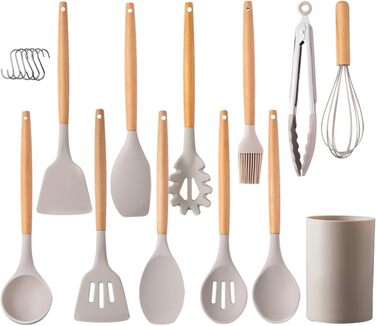 Набір кухонних аксесуарів 12 шт. з силікону з дерев'яними ручками, термостійкий антипригарний набір посуду: щипці, лопатки, ложки. Бежевий колір