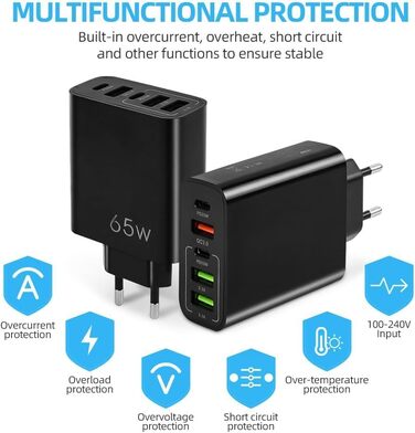 Мережевий адаптер AXFEE 65W 5-портовий з USB-C та USB-A, швидка зарядка PD 3.0, чорний