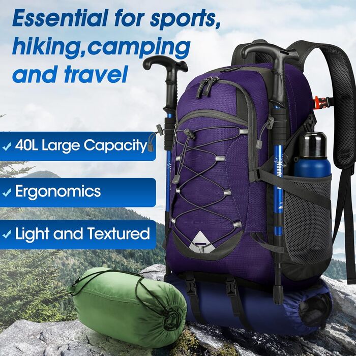 IGOLUMON Hiking Backpack for Men and Women, 40L Waterproof Backpack, Lightweight Foldable Travel Backpack, Trekking Backpack with Reflective Stripes, for Cycling, Climbing, Mountaineering and Travel Sports (Purple)