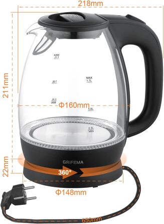 Електричний чайник GRIFEMA 0.8L, 1100W з фільтром від накипу, без BPA, автоматичне вимкнення, захист від перегріву, білий (скло 1.7L)