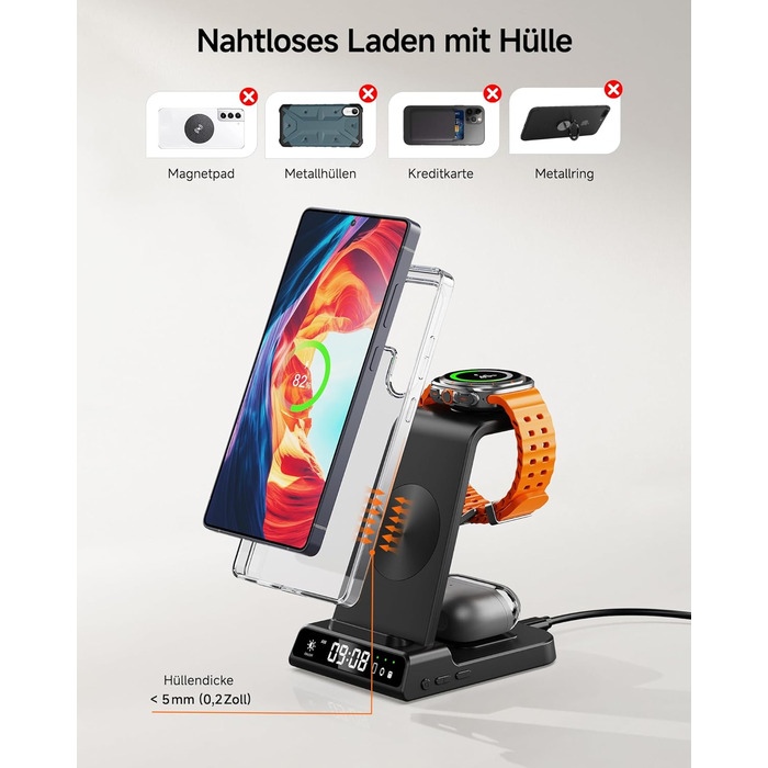 Бездротова зарядка 3-в-1 для Samsung Galaxy S25 Ultra, Watch 8/Ultra/7/6, Buds 3/3 Pro. Чорний колір