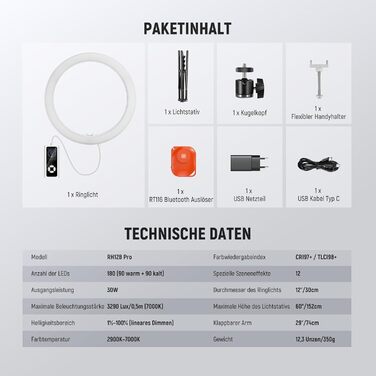 NEEWER Комплект кільцевого світла для фото та відео: 48 см, 52 Вт, регульоване LED кільцеве світло з штативом та Bluetooth для смартфона, YouTube, селфі (RH12B Pro)