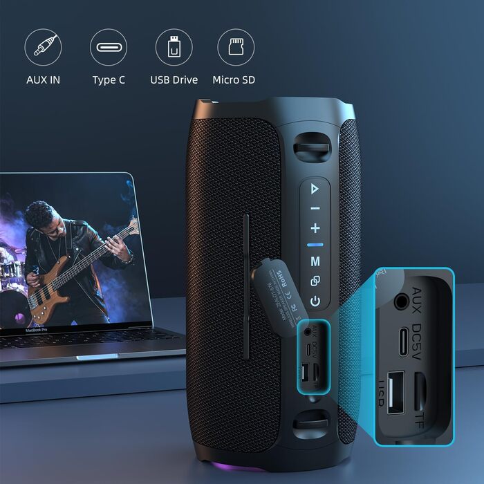 ZEALOT Bluetooth колонка 60W (70W пік) з підсвіткою, портативна, USB/Micro SD/AUX, Bluetooth 5.3, IPX6 водонепроникна, подвійне з'єднання, стереозвук для телефону, пляжу