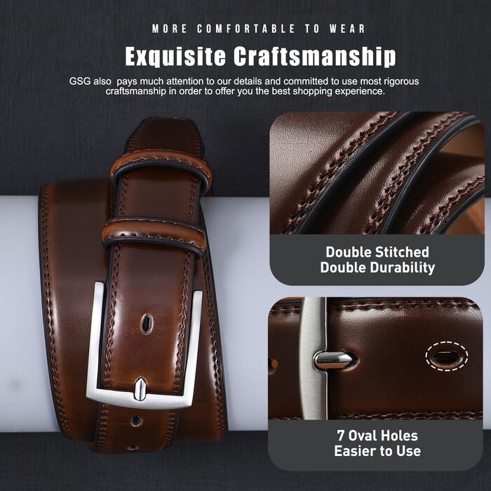 Чоловічий шкіряний ремінь GSG Since 1998 - класичний дизайн, 37 мм, для бізнесу та офіційних заходів, у подарунковій коробці (42-46 дюймів, Темно-червоно-коричневий)