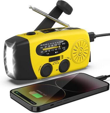 Радіо Solar Radio на сонячних батареях з ручним генератором, AM/FM, Powerbank 2000mAh, LED ліхтарик, USB зарядка для телефону - жовте