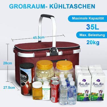 Термосумка-холодильник для покупок 35L, велика ізольована сумка-холодильник для обіду, офісу, кемпінгу, пікніка, подорожей, водонепроникний внутрішній кишень, міцна підтримка бокових стінок, винно-червоний колір