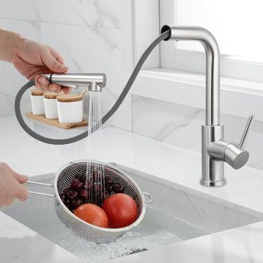 Кухонний змішувач висувний BONADE з душем, 360° поворот, змішувач для кухні з 2 струменями, з нержавіючої сталі, однорідний