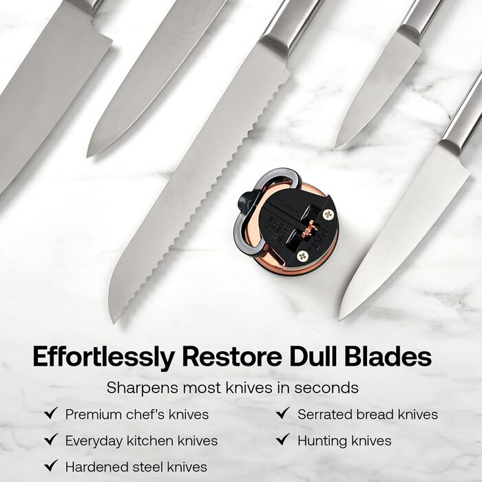 AnySharp Pro металевий точильник для ножів з фіксацією PowerGrip, універсальний для всіх кухонних ножів (зубчасті, з гартованої сталі), найкраща якість, мідний метал
