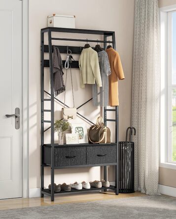 YITAHOME Entryway Storage Bench with Shoe Cabinet, Freestanding Entryway Bench with Bank and 2 Folding Drawers, Industrial Coat Rack with 8 Hooks for Entryway, Living Room, Bedroom, Metal Frame, Rustic Brown (Black)