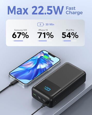 Power Bank 60000mAh з LED дисплеєм, 22.5W швидка зарядка, 4 виходи USB-C, чорний