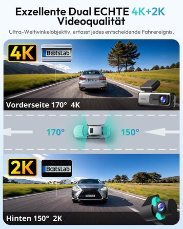 Автомобільний відеореєстратор BOTSLAB G980H 4K Dual (передній та задній), GPS, WiFi, ADAS, нічна зйомка, кут 170°, IPS дисплей 2.45