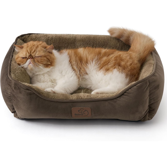 Ліжко для котів BEDSURE велике, миється - 63.5x53см, неслизьке, для собак маленьких порід, квадратне ліжко-кошик з м'яким бортиком, (51 x 41 см (Д x Ш), Коричневе)
