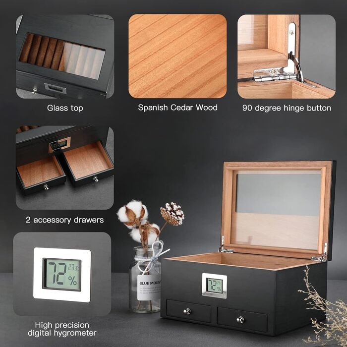 Гумодор для сигар FANKAI з 2 шухлядами, аксесуари для сигар з зволожувачем, ящик для сигар з масивного кедру, подарунок для чоловіків, гумодор зі скляною кришкою, кейс для сигар на 25-50 штук