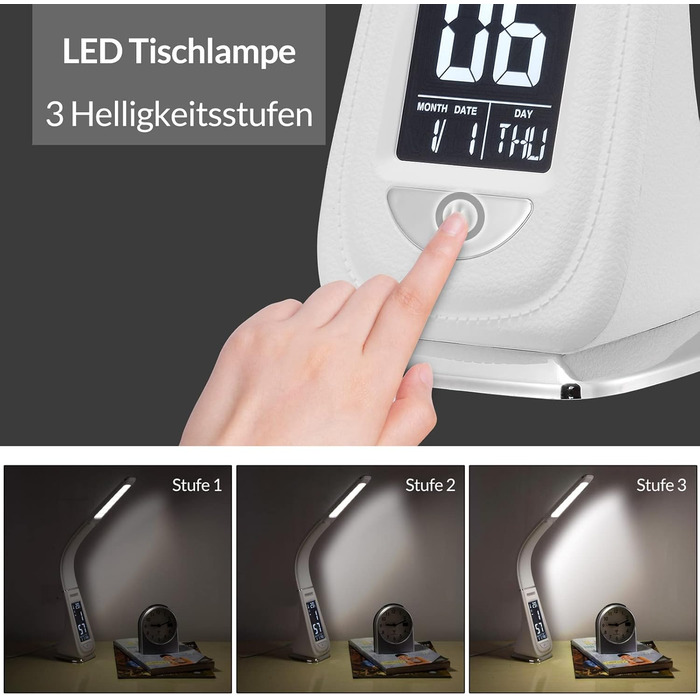 Лампа настільна LED Monzana з годинником, будильником, термометром, календарем, регулюванням яскравості. Біла