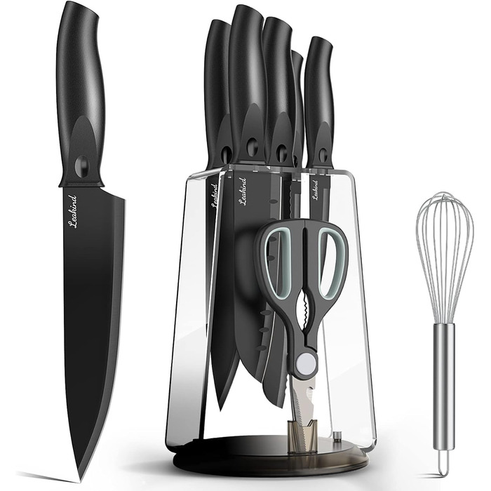 Набір кухонних ножів Messerblock Set, 8 предметів: ножі, ножиці, підставка для ножів. Ідеально для нарізання м'яса та овочів. Прозора підставка.