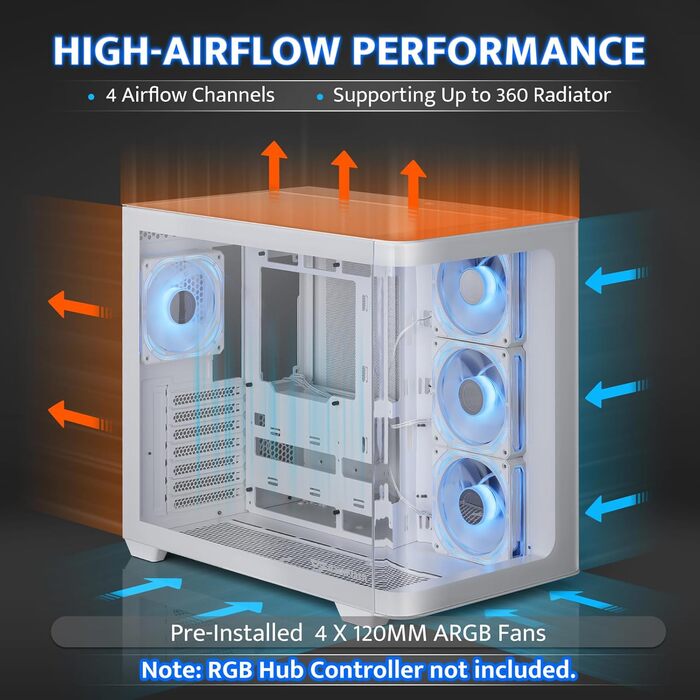 darkFlash ATX корпус для ігрового ПК Mid-Tower з 4 ARGB вентиляторами, скло для фасаду, 2 відсіки, Type-C, підтримка 2x360 AIO, (DPW90)