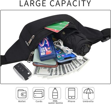 Поясна сумка на пояс, нагрудна сумка, спортивна сумка на стегно для жінок та чоловіків, водонепроникна, велика, для телефону, для кемпінгу, піших прогулянок, фітнесу, велосипеда, бігу (чорна)