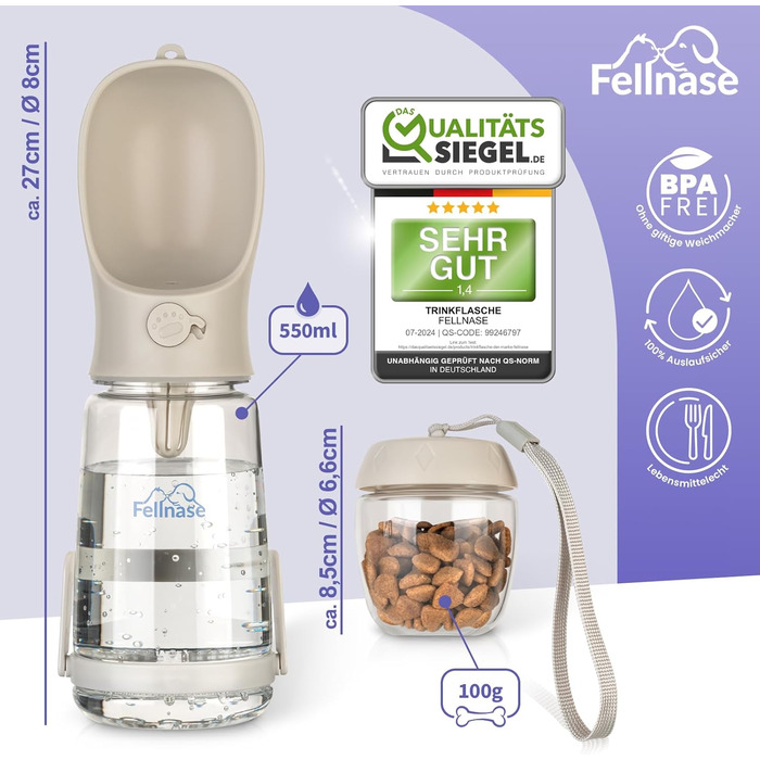 Водяна пляшка для собак Fellnase з підставкою та дозатором корму - 550 мл, для собак та котів, з клапаном зворотного потоку води, не протікає (Сірий велюр)