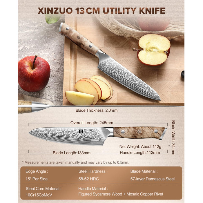 Ніж кухарський Kiritsuke XINZUO, Дамаська сталь 10Cr15CoMoV, дерев'яна рукоятка з клена (14.8 см) - для м'яса, риби, овочів