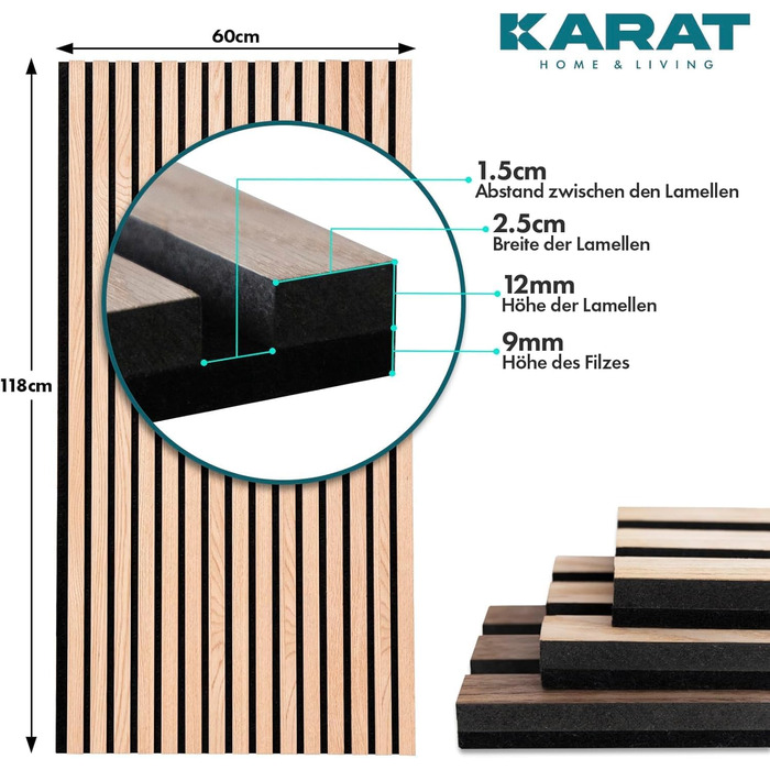 Акустичні настінні панелі KARAT з натурального шпону дуба (White Oak), ламелі з дерева та фетру для шумоізоляції та звукопоглинання, 118 x 60 см