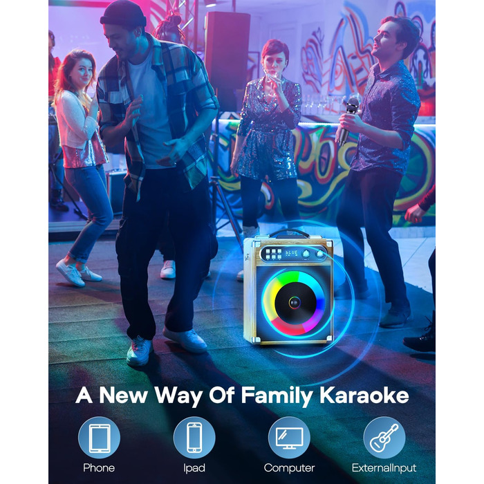 Портативна караоке-система з 2 бездротовими мікрофонами та акумуляторами, 20W, дерев'яний корпус
