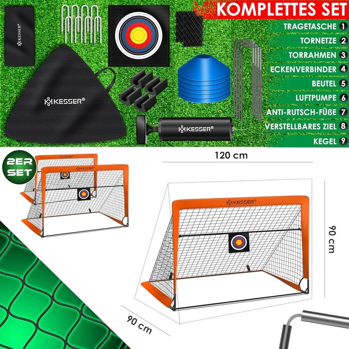 Дитячі футбольні ворота KESSER Pop-Up, складні, 2 шт. з фібровими стрижнями та якісною сіткою для кімнати, вулиці й саду, з сумкою для транспортування, 6 фішками, насосом і мішенню, помаранчеві