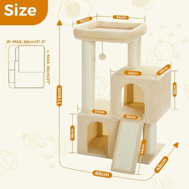 PETEPELA Scratching Post with Dual Condos for Apartment Cats, All-in-One Cat House with Padded Perch, Scratch Ramp and Posts, and Interchangeable Balls (Beige, L 113cm)