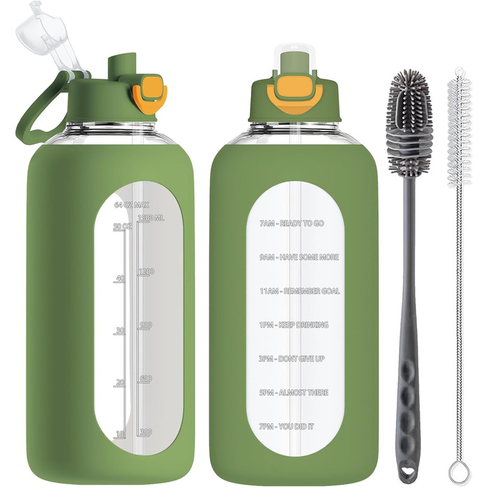 2 Liter Glass Water Bottle, 2L Glass Bottle, Glass Water Bottle with Straw, Bottle Brush, (Green)