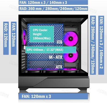 Ігровий корпус для ПК ANSAITE ATX Mid-Tower, 6 ARGB PWM вентиляторів, панорамне загартоване скло, USB Type-C, підтримка радіатора 360мм, чорний/фіолетовий