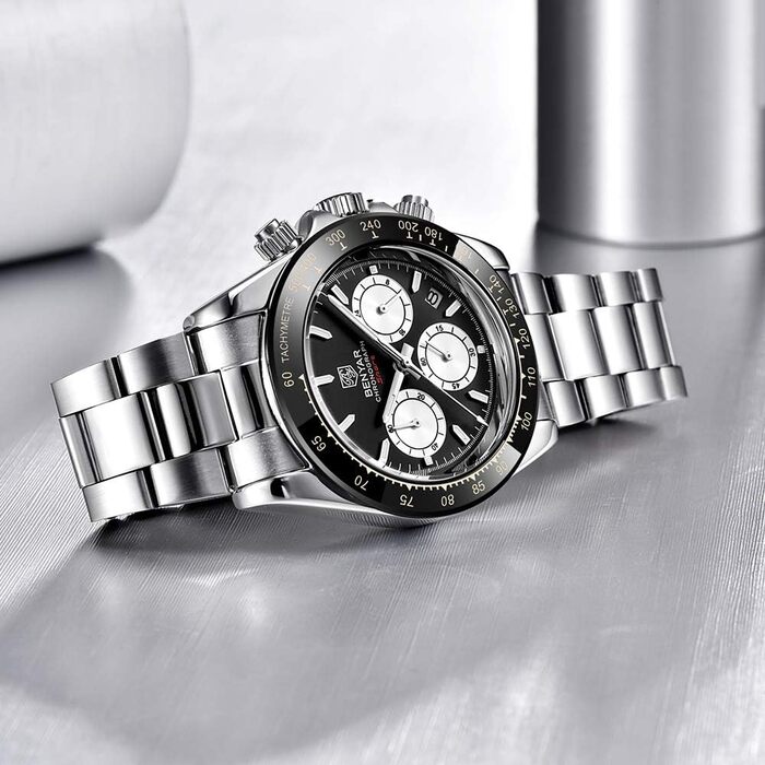 Чоловічий годинник BENYAR з кварцовим механізмом, аналоговий хронограф, бізнес-стиль, водонепроникний, з нержавіючої сталі, для відпочинку та спорту (чорний та білий)