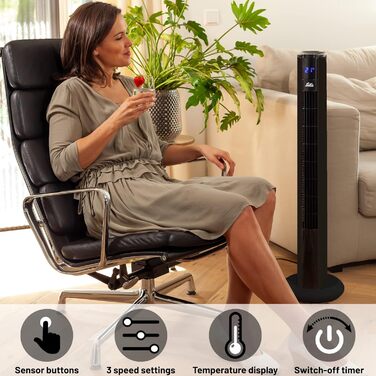 Вентилятор баштовий Solis Easy Breezy 757: тихий, з пультом, дисплеєм температури та фільтром від пилу, 96 см (Чорний)