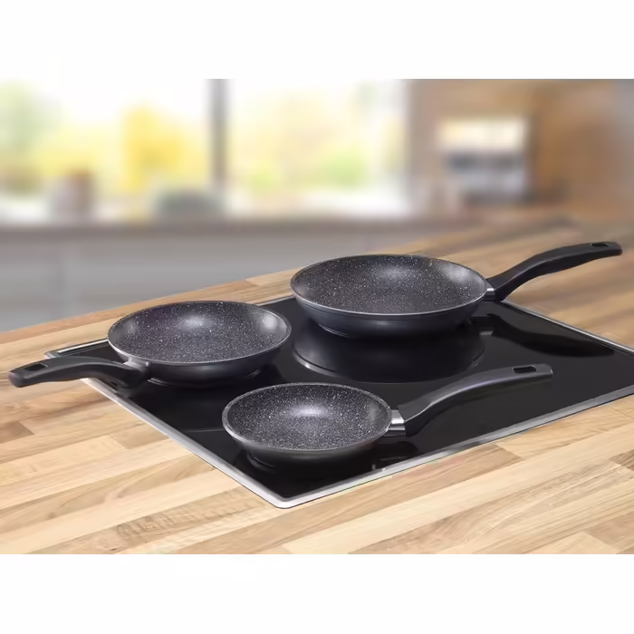 STONELINE 3-piece Frying Pan Set, 16/20/24 cm, Non-stick coated pan with real stone particles, pan suitable for induction and oven use, gray, for oil and fat-free frying