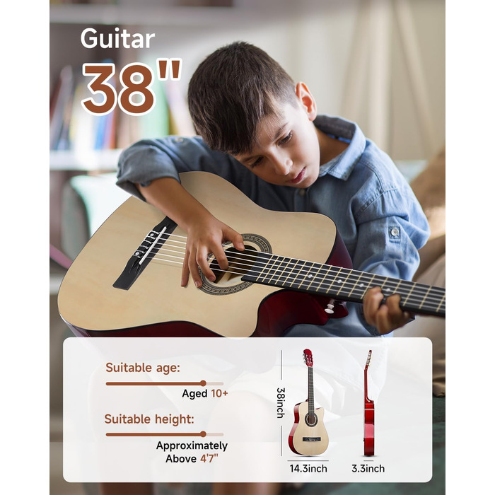 Акустична гітара Moukey для початківців, дітей, підлітків та дорослих (38 дюймів, натуральний колір), комплект з аксесуарами