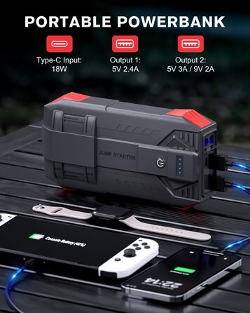 Повербанк Starthilfe Povasee 6000A UltraSafe для авто: пусковий пристрій, 12V, LED, 2 USB, до 10L бензину/8L дизеля