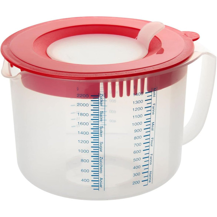 Dr. Oetker 1531 Baking Scale Ø 17 cm, analog kitchen scale (color: white) & measuring and mixing jug 2.2 L, measuring jug with different measuring scales (color: Red/Transparent), quantity: 1 piece