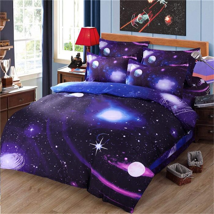 Комплект постільної білизни WONGS BEDDING Galaxy 135x200 + 50x75, мікрофібра, блакитний, 2 частини, з принтом зоряного неба