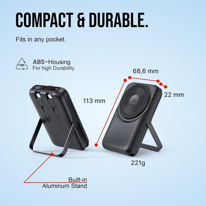 Універсальний Power Bank All-IN-ONE 10000 mAh чорний: швидка зарядка 22.5W, PD 20W, бездротова зарядка 15W, зарядний пристрій для Apple Watch, вбудовані кабелі USB-C та Lightning, LED-дисплей, алюмінієва підставка