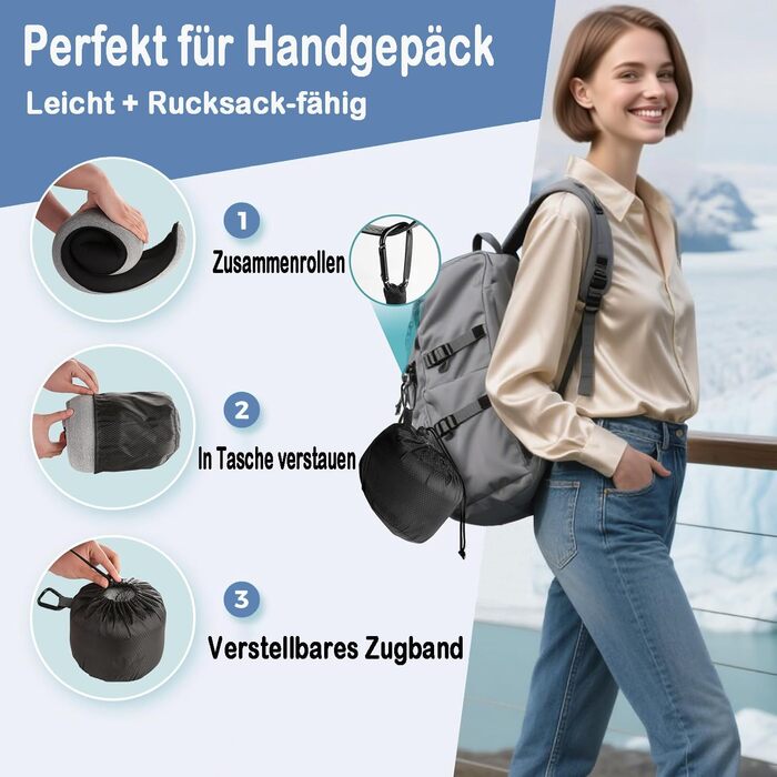 Подушка для шиї з регульованою капюшоном та 360° підтримкою шиї | Ергономічна подушка з піною з пам'яті для подорожей (літак, авто) | З чохлом для подорожей та берушами | Дихаюча та пральна (світло-сіра)