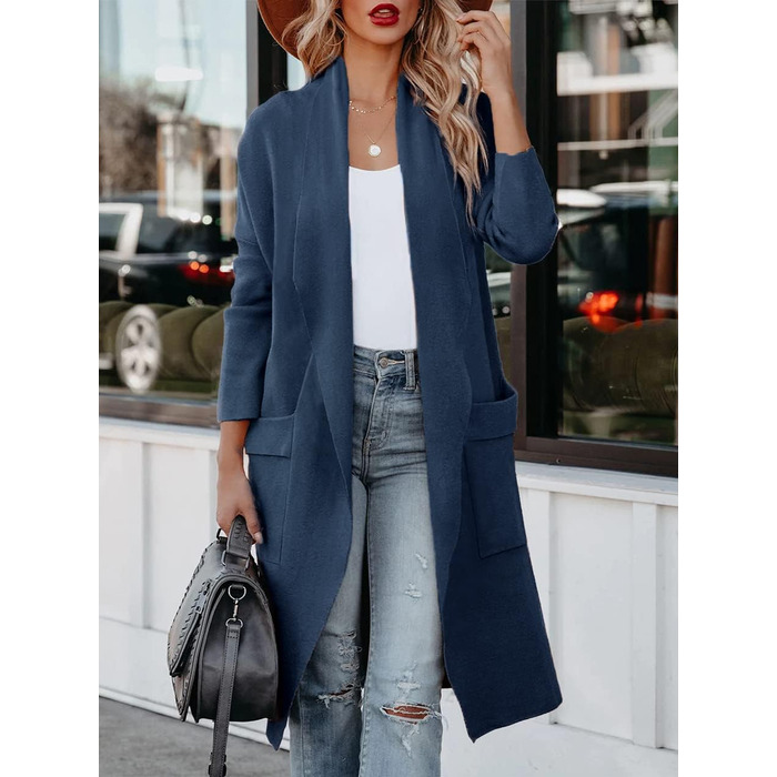 Жіноча в'язана жилетка з відкритим передом, з кишенею, довга, однотонна, блакитна