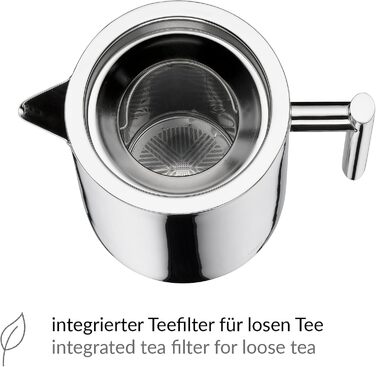 alfi TEA POT 1.40l, Stainless steel insulated pot with tea strainer and tea catcher, single-walled stainless steel, durable thermos pot, ideal as a teapot for loose tea, dishwasher-safe, BPA-free