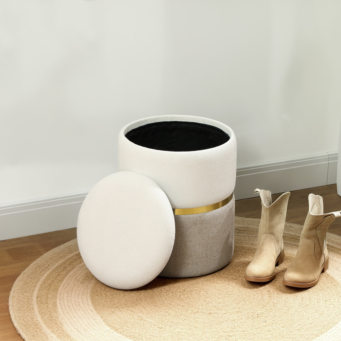 HOMCOM Storage Ottoman with Lid, Metal Ring, Two-Tone Design Round Footstool Upholstered Ottoman, Chenille 36 x 36 x 44 cm Cream White | Aosom