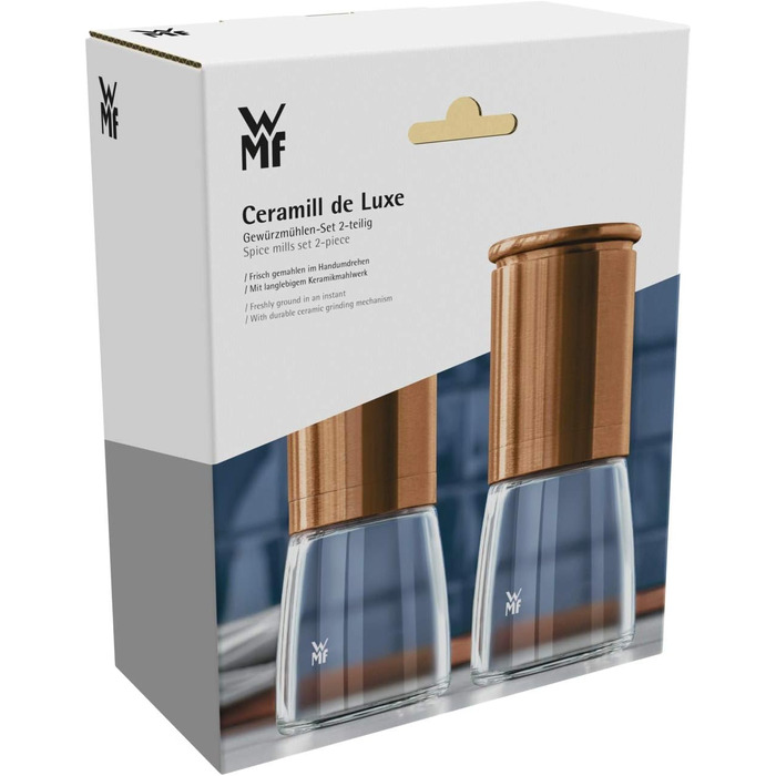 Набір млинів WMF De Luxe для солі та перцю, 2 шт, 14 см, скло, керамічний механізм, для солі, перцю, чилі, мідний колір